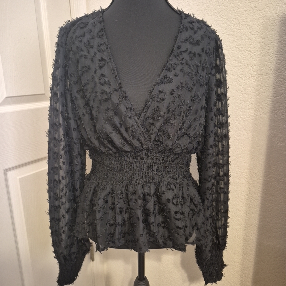SHEIN Black Textured Smocked Waist Wrap Blouse
